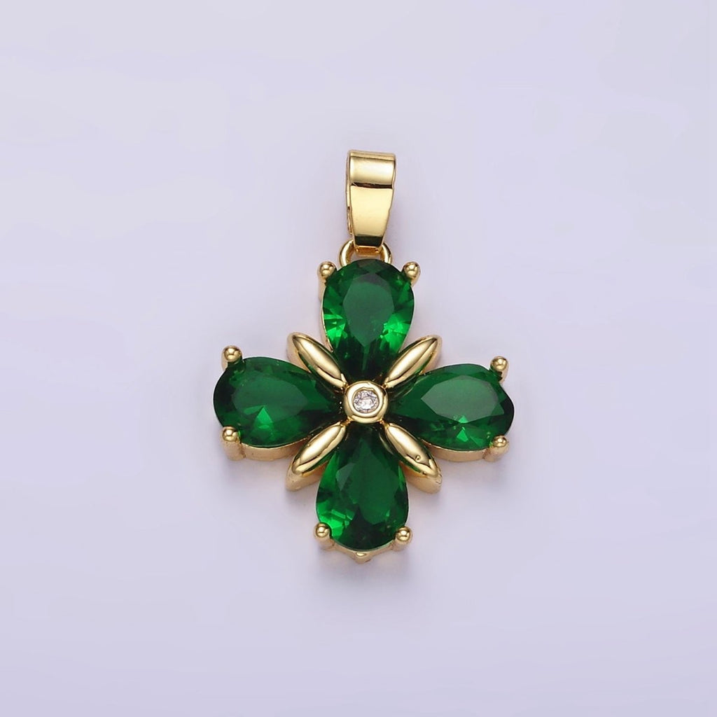 14K Gold plated Green CZ Quatrefoil Flower Pendant | AA059 - DLUXCA