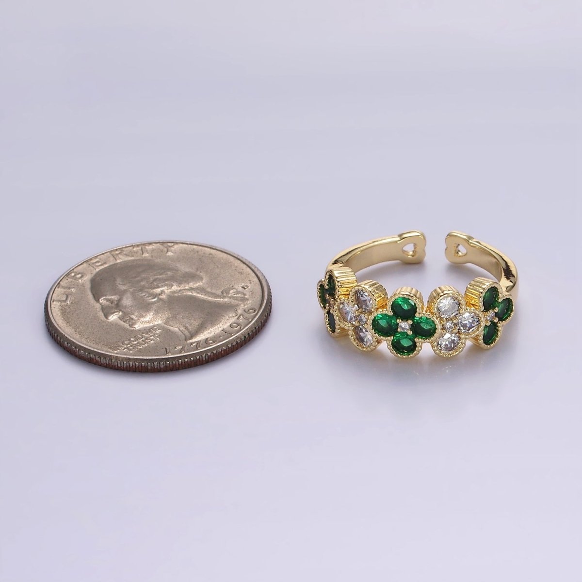 14K Gold plated Green CZ Quatrefoil Lined Ring | O1213 - DLUXCA