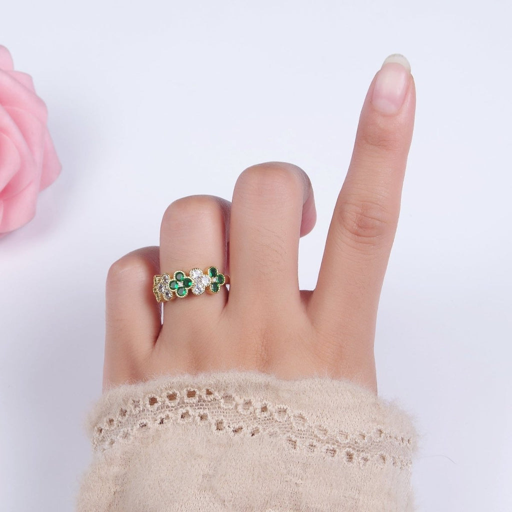 14K Gold plated Green CZ Quatrefoil Lined Ring | O1213 - DLUXCA