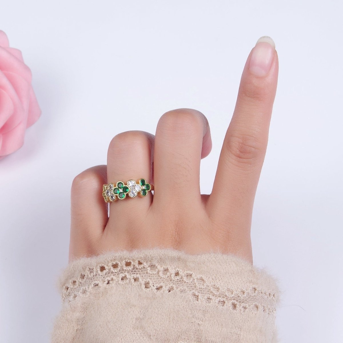 14K Gold plated Green CZ Quatrefoil Lined Ring | O1213 - DLUXCA