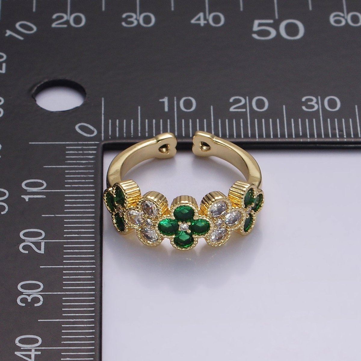14K Gold plated Green CZ Quatrefoil Lined Ring | O1213 - DLUXCA