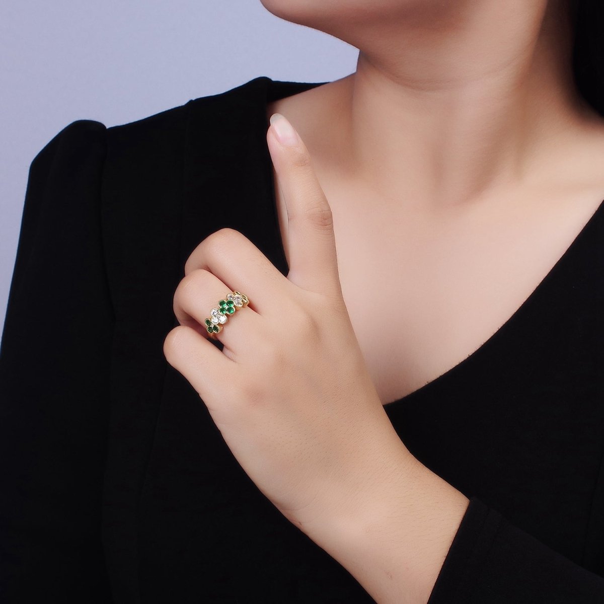 14K Gold plated Green CZ Quatrefoil Lined Ring | O1213 - DLUXCA