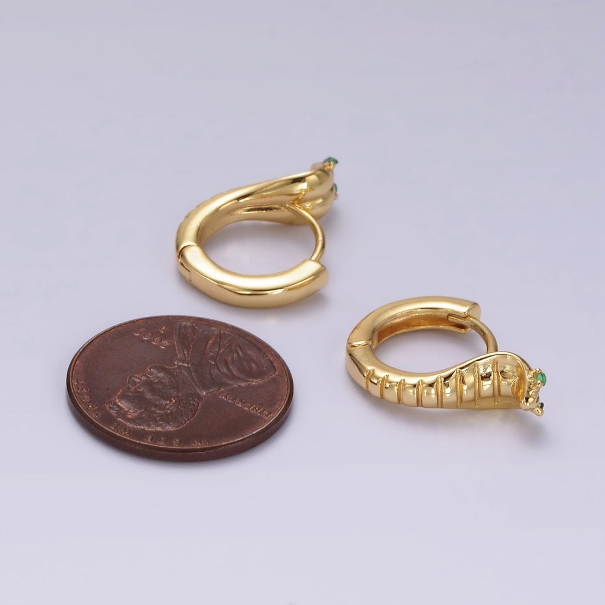 14K Gold plated Green-Eyed CZ Lined Snake Animal Huggie Earrings in Gold & Silver | V082 V083 - DLUXCA