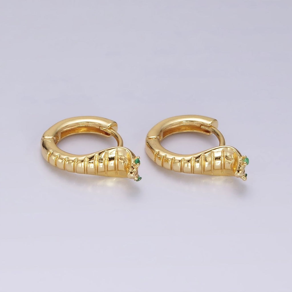 14K Gold plated Green-Eyed CZ Lined Snake Animal Huggie Earrings in Gold & Silver | V082 V083 - DLUXCA