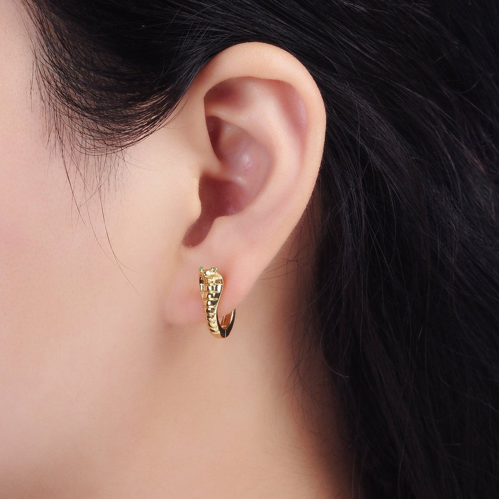 14K Gold plated Green-Eyed CZ Lined Snake Animal Huggie Earrings in Gold & Silver | V082 V083 - DLUXCA