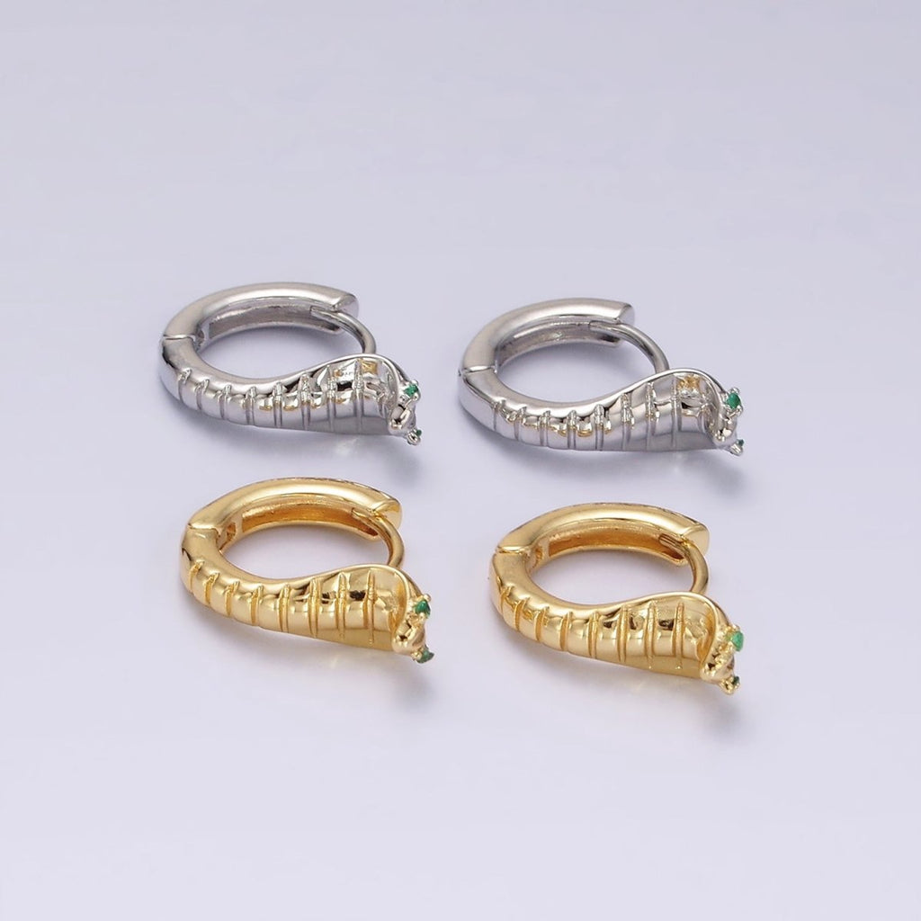 14K Gold plated Green-Eyed CZ Lined Snake Animal Huggie Earrings in Gold & Silver | V082 V083 - DLUXCA