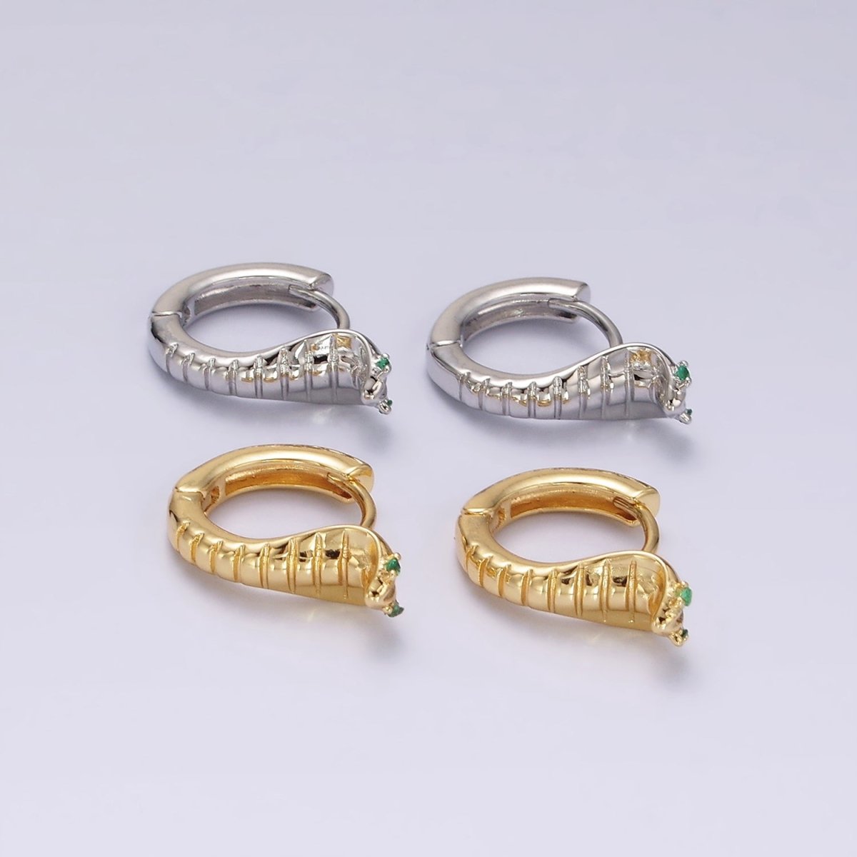 14K Gold plated Green-Eyed CZ Lined Snake Animal Huggie Earrings in Gold & Silver | V082 V083 - DLUXCA