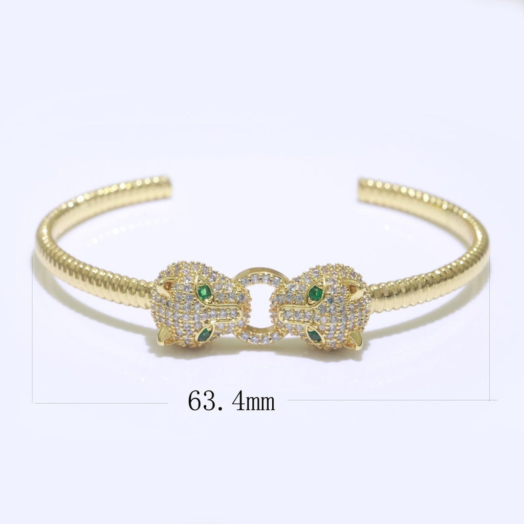14K Gold plated Green-Eyed CZ Panther Micro Paved Adjustable Textured Bangle Bracelet | WA-125 Clearance Pricing - DLUXCA