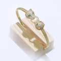 14K Gold plated Green-Eyed CZ Panther Micro Paved Adjustable Textured Bangle Bracelet | WA-125 Clearance Pricing - DLUXCA