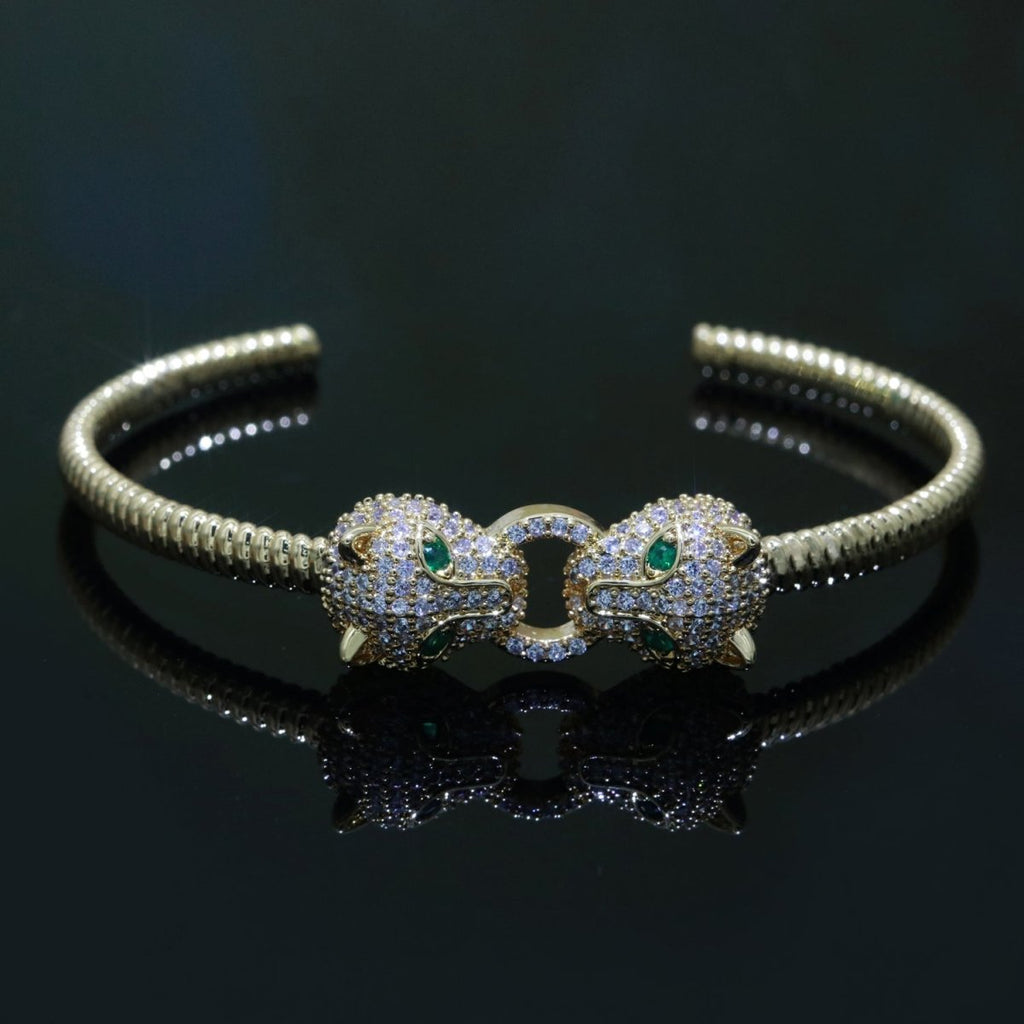 14K Gold plated Green-Eyed CZ Panther Micro Paved Adjustable Textured Bangle Bracelet | WA-125 Clearance Pricing - DLUXCA