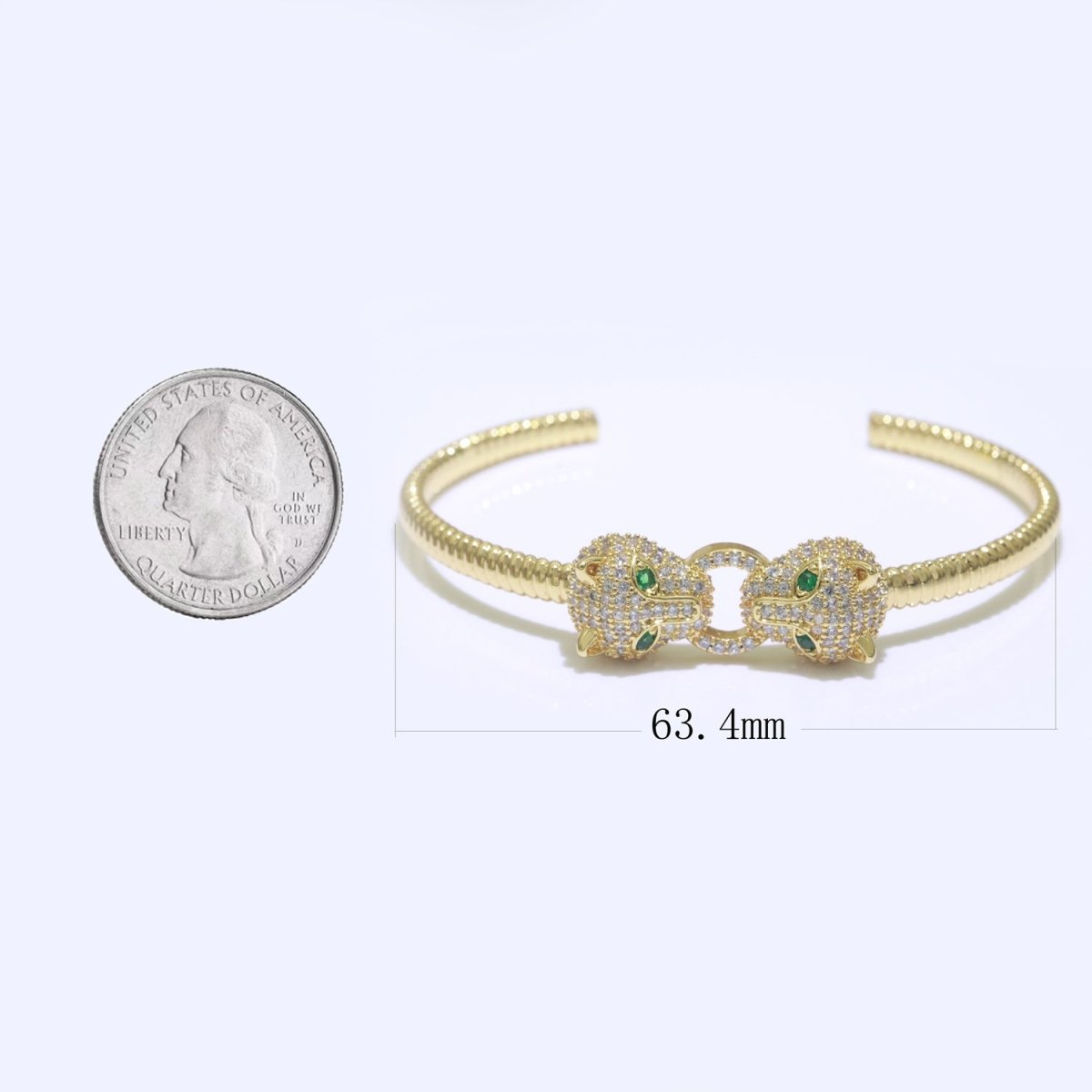 14K Gold plated Green-Eyed CZ Panther Micro Paved Adjustable Textured Bangle Bracelet | WA-125 Clearance Pricing - DLUXCA