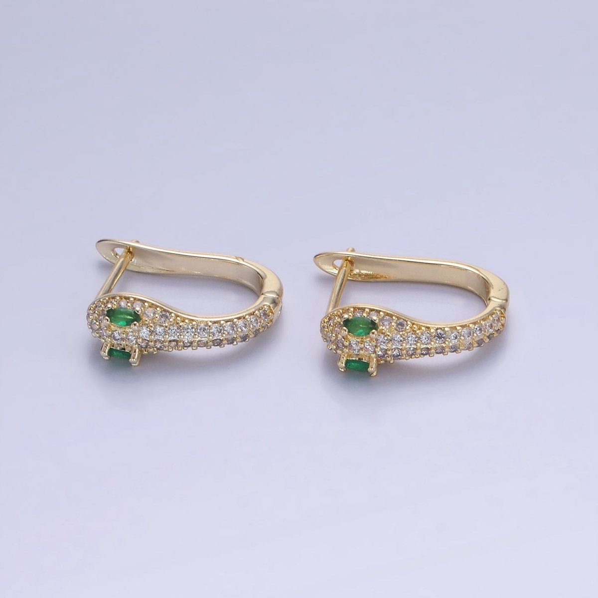 14K Gold plated Green-Eyed Micro Paved CZ Cartilage English Lock Earrings in Gold & Silver | AB1319 - DLUXCA