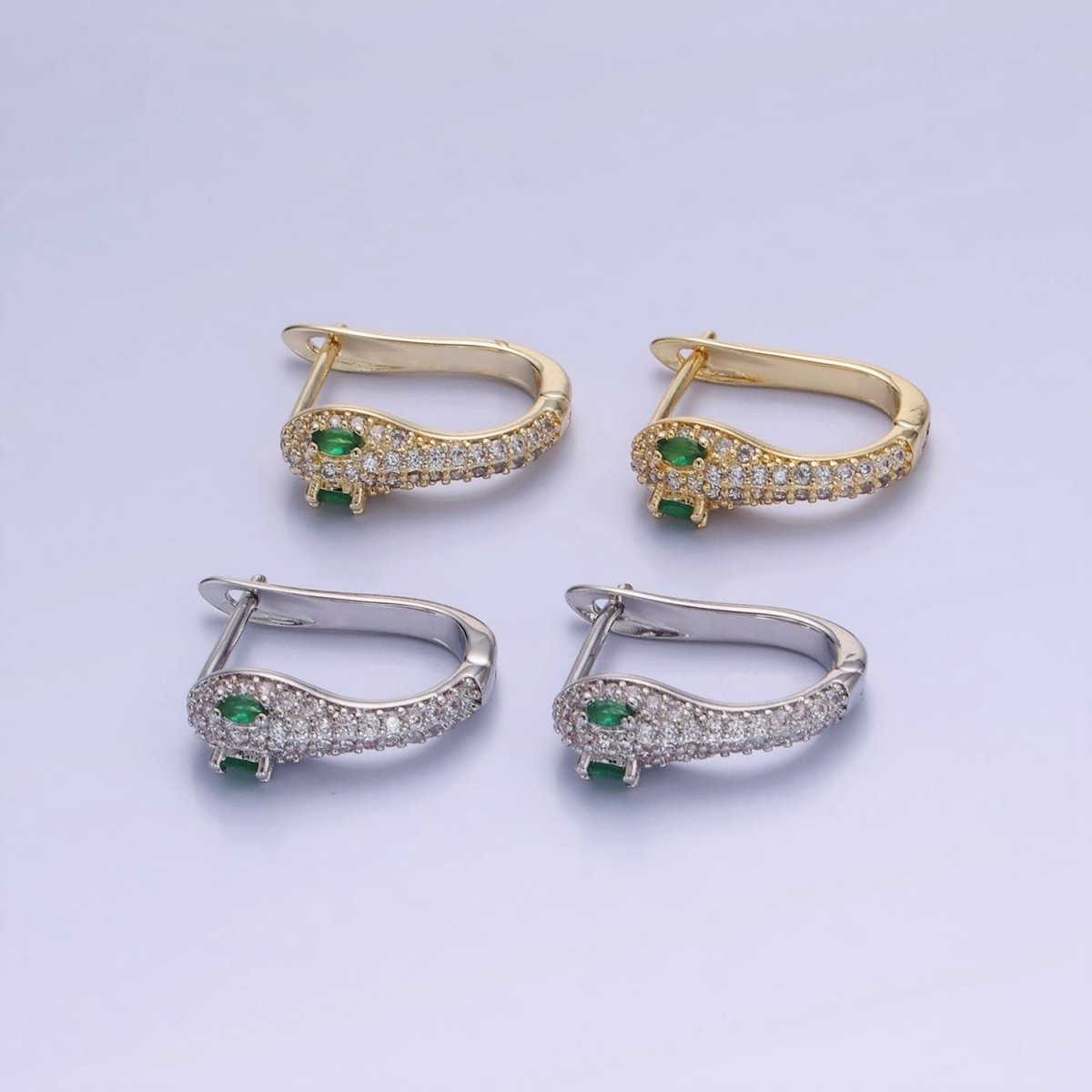 14K Gold plated Green-Eyed Micro Paved CZ Cartilage English Lock Earrings in Gold & Silver | AB1319 - DLUXCA