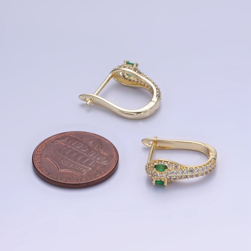 14K Gold plated Green-Eyed Micro Paved CZ Cartilage English Lock Earrings in Gold & Silver | AB1319 - DLUXCA
