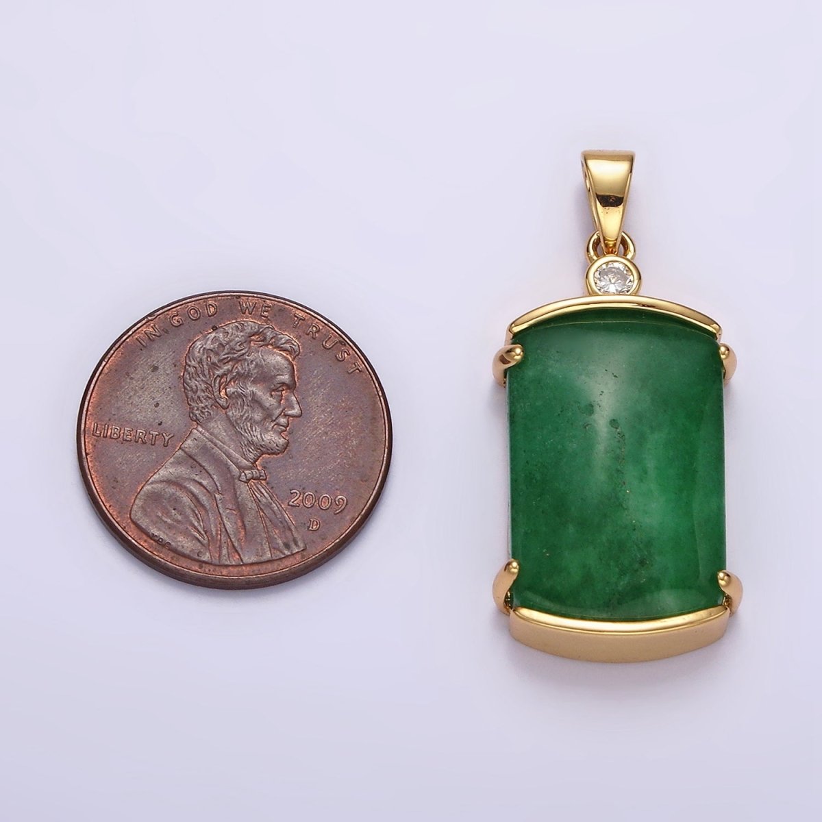 14K Gold plated Green Jade Rectangular Curved CZ Pendant | N1853 - DLUXCA