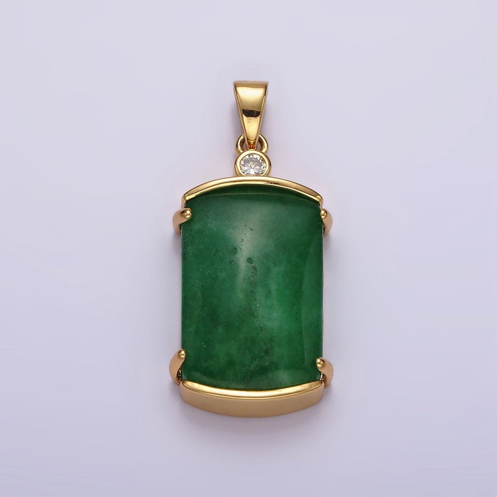 14K Gold plated Green Jade Rectangular Curved CZ Pendant | N1853 - DLUXCA