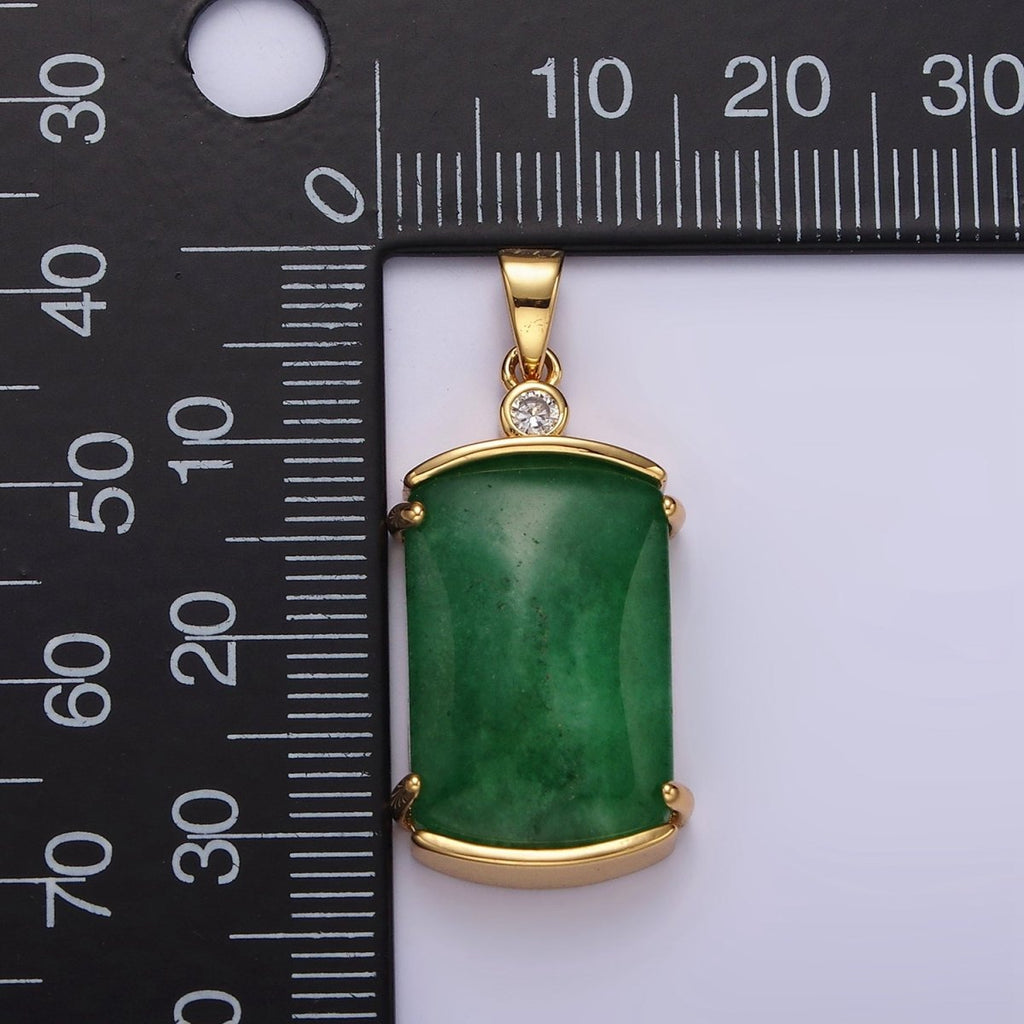 14K Gold plated Green Jade Rectangular Curved CZ Pendant | N1853 - DLUXCA