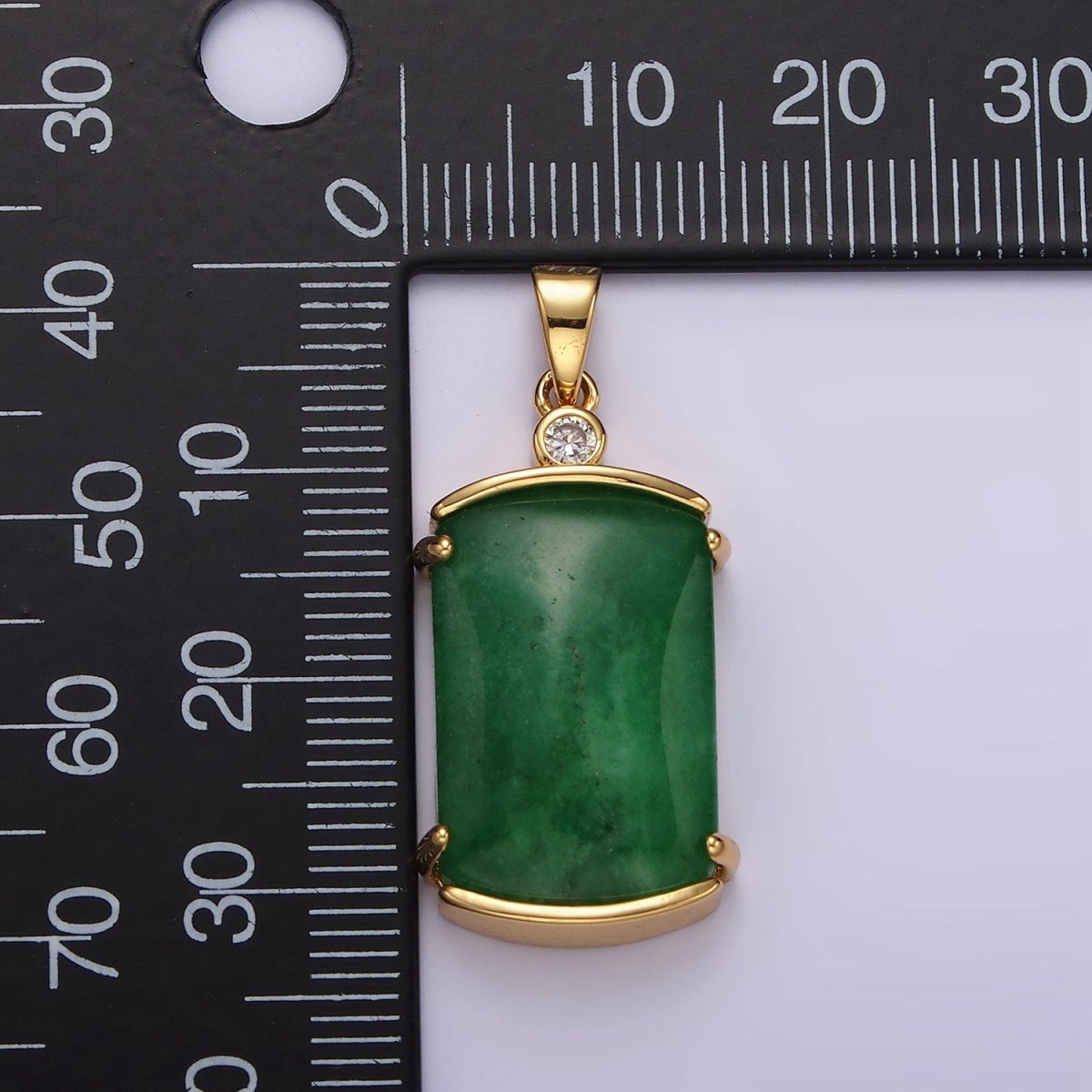 14K Gold plated Green Jade Rectangular Curved CZ Pendant | N1853 - DLUXCA