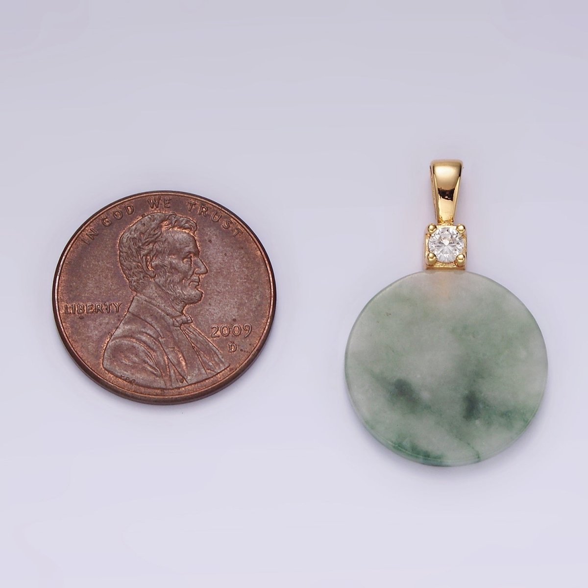 14K Gold plated Green Jade Round CZ Bail Pendant | N2018 - DLUXCA