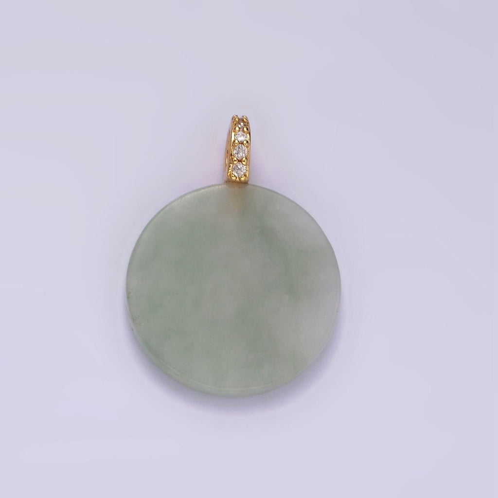 14K Gold plated Green Jade Round Micro Paved CZ Bail Pendant | N1091 - DLUXCA