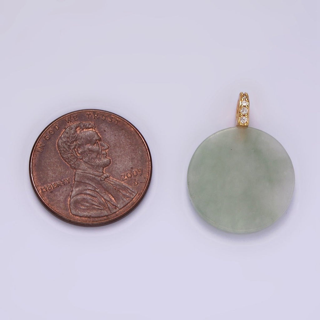14K Gold plated Green Jade Round Micro Paved CZ Bail Pendant | N1091 - DLUXCA