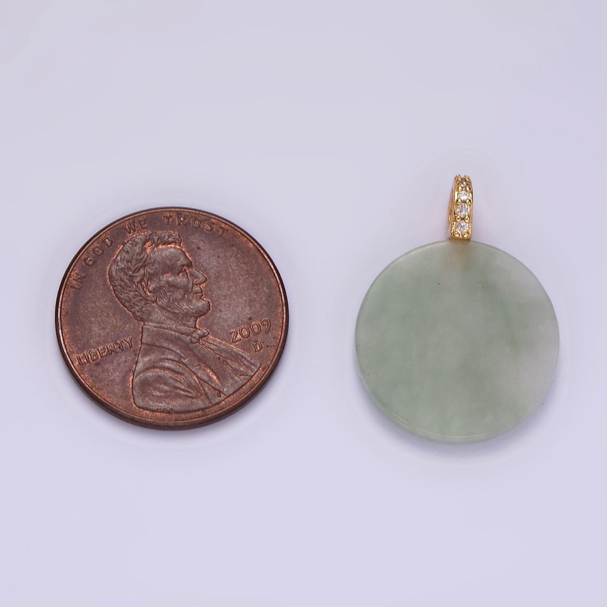 14K Gold plated Green Jade Round Micro Paved CZ Bail Pendant | N1091 - DLUXCA
