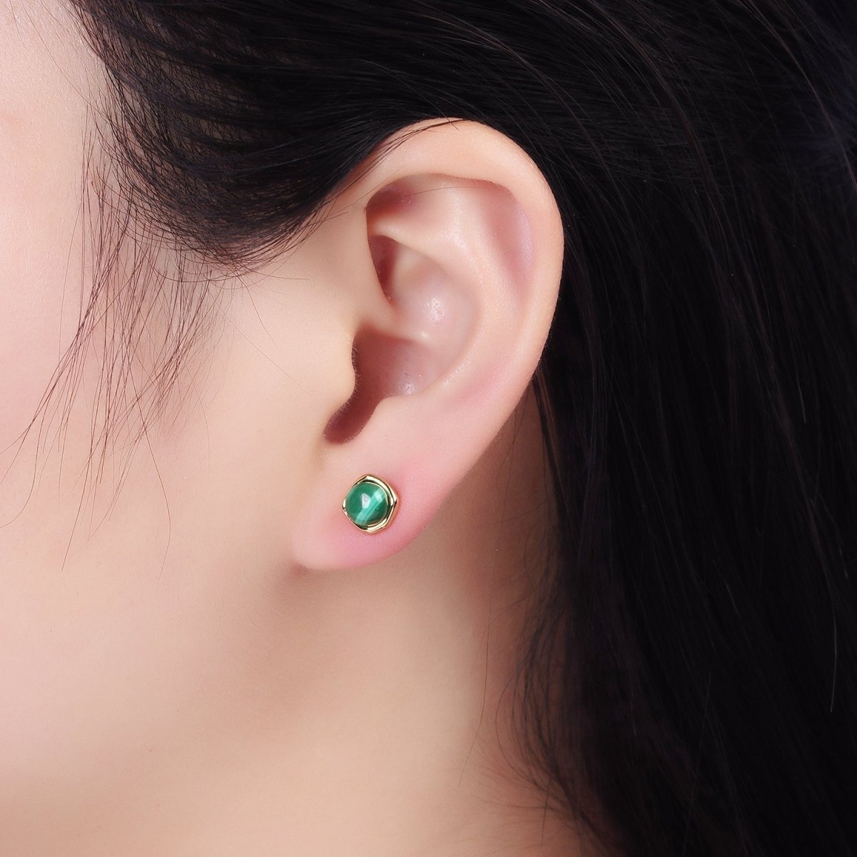 14K Gold plated Green Malachite Stud Earrings AB1306 - DLUXCA
