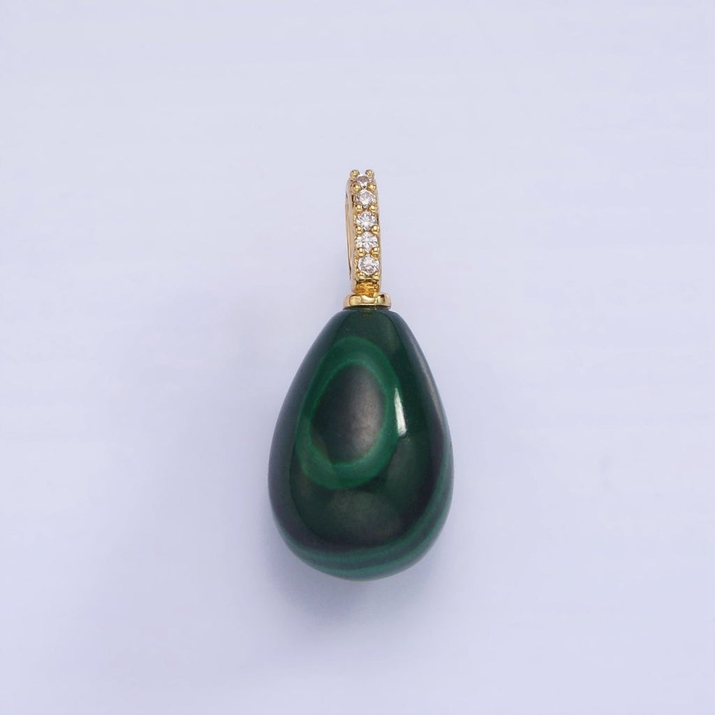 14K Gold plated Green Malachite Teardrop Micro Paved CZ Bail Pendant | AA1131 - DLUXCA