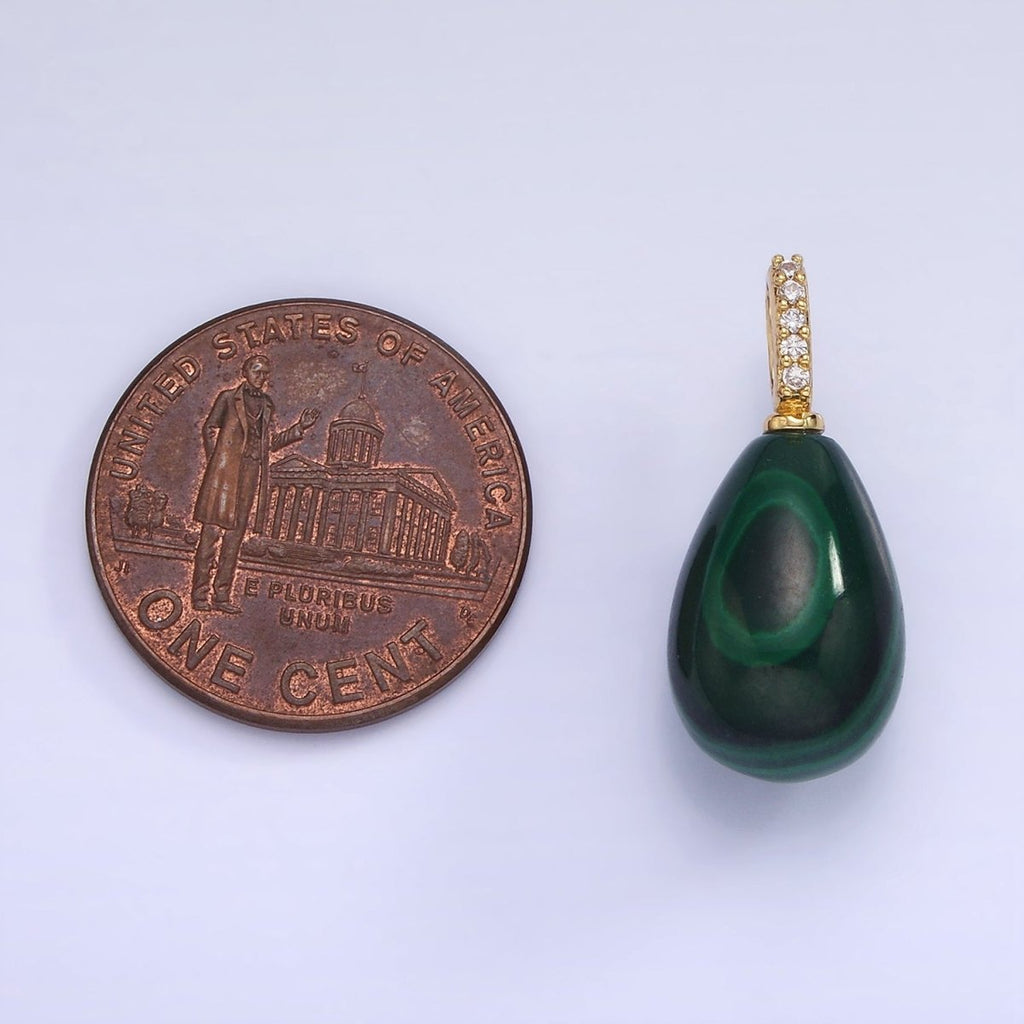 14K Gold plated Green Malachite Teardrop Micro Paved CZ Bail Pendant | AA1131 - DLUXCA