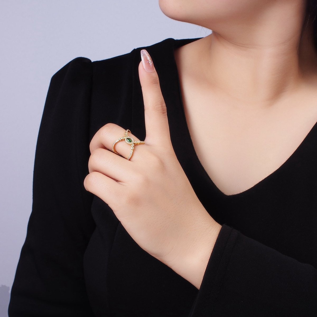 14K Gold plated Green Marquise CZ Micro Paved Double Band Ring | O1319 - DLUXCA