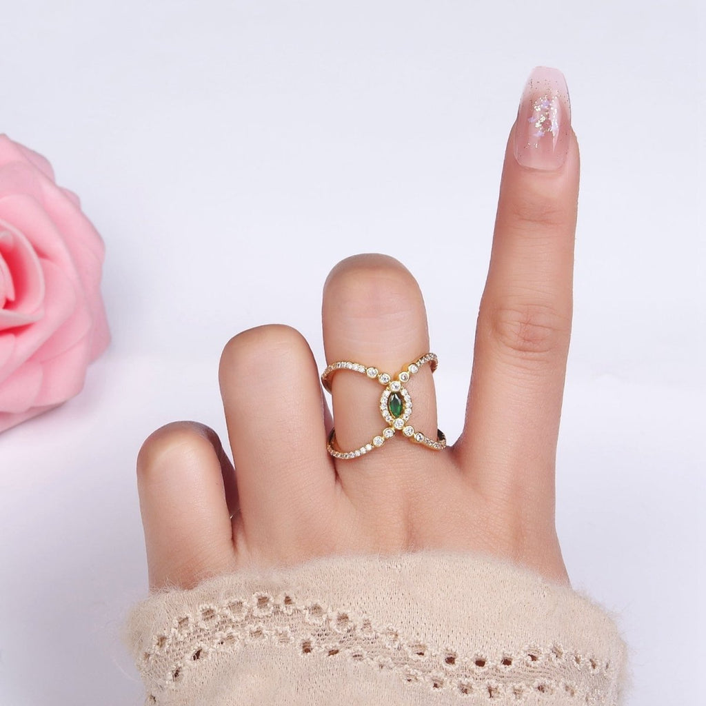 14K Gold plated Green Marquise CZ Micro Paved Double Band Ring | O1319 - DLUXCA