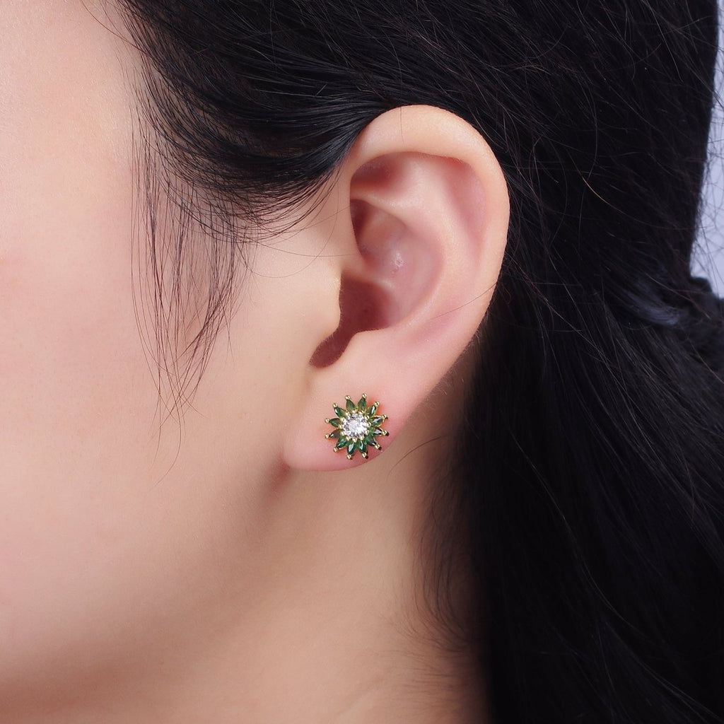14K Gold plated Green Marquise Sunflower Petal Stud Earrings | AE646 - DLUXCA