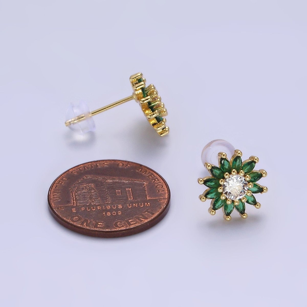 14K Gold plated Green Marquise Sunflower Petal Stud Earrings | AE646 - DLUXCA