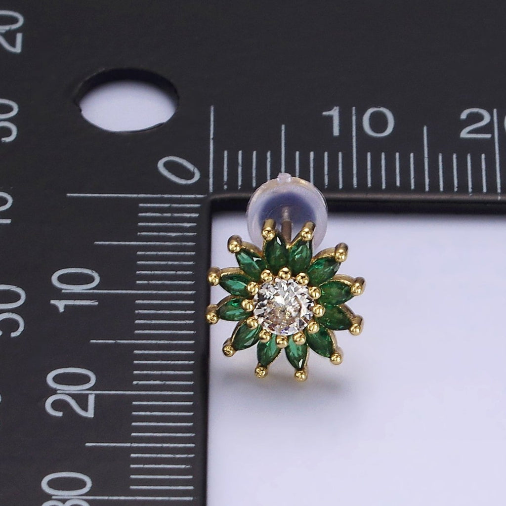 14K Gold plated Green Marquise Sunflower Petal Stud Earrings | AE646 - DLUXCA