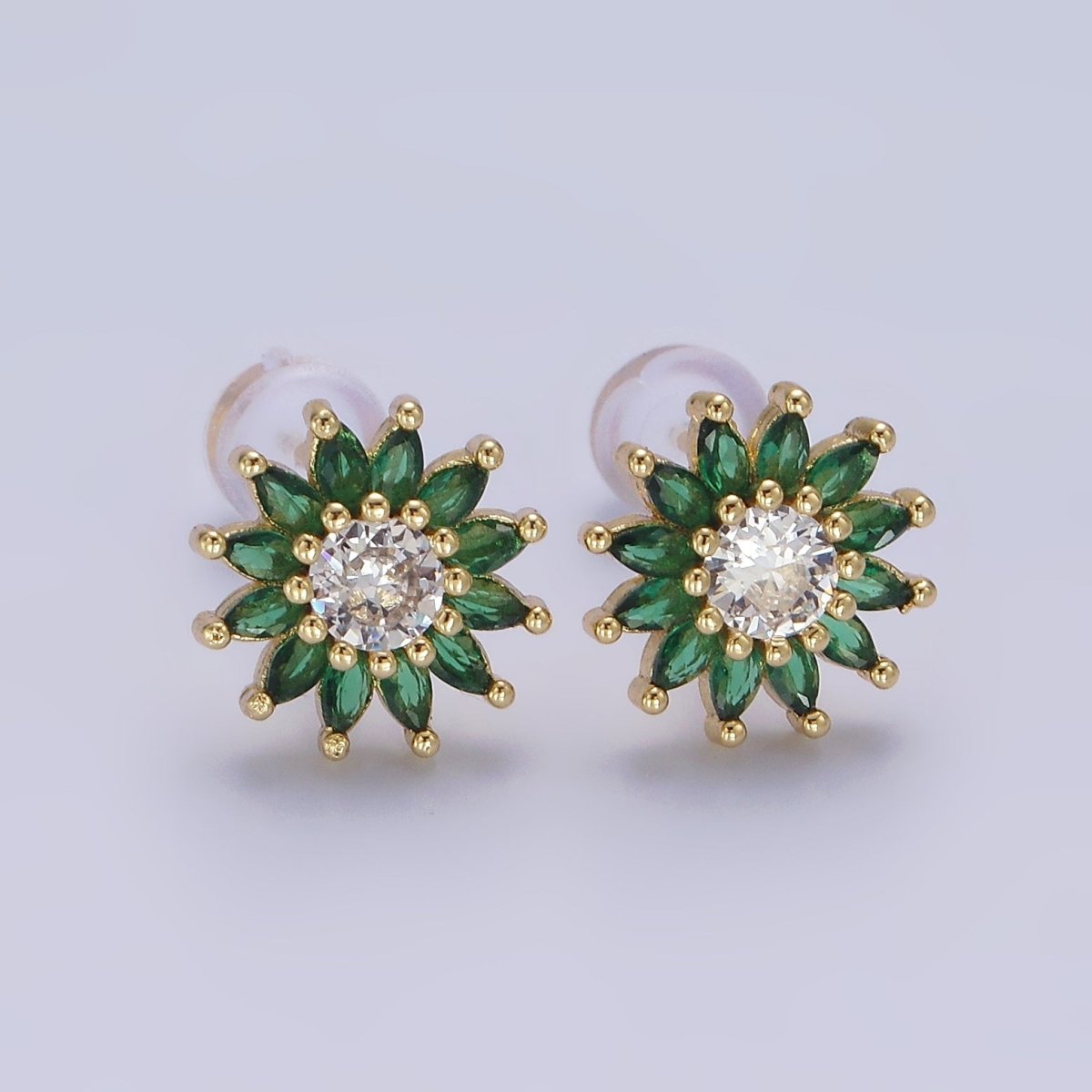 14K Gold plated Green Marquise Sunflower Petal Stud Earrings | AE646 - DLUXCA