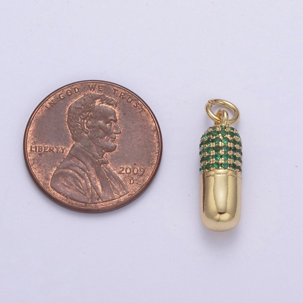 14K Gold plated Green, Red Micro Paved CZ Pill Charm | C592 C594
