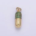 14K Gold plated Green, Red Micro Paved CZ Pill Charm | C592 C594