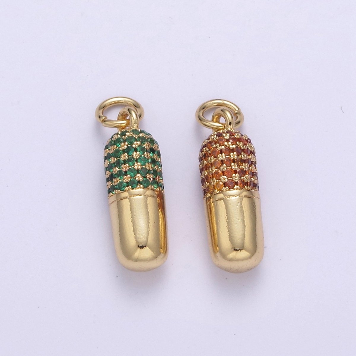 14K Gold plated Green, Red Micro Paved CZ Pill Charm | C592 C594