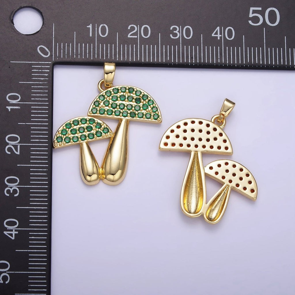14K Gold plated Green, Orange Micro Paved CZ Mushroom Plant Nature Pendant | AH152