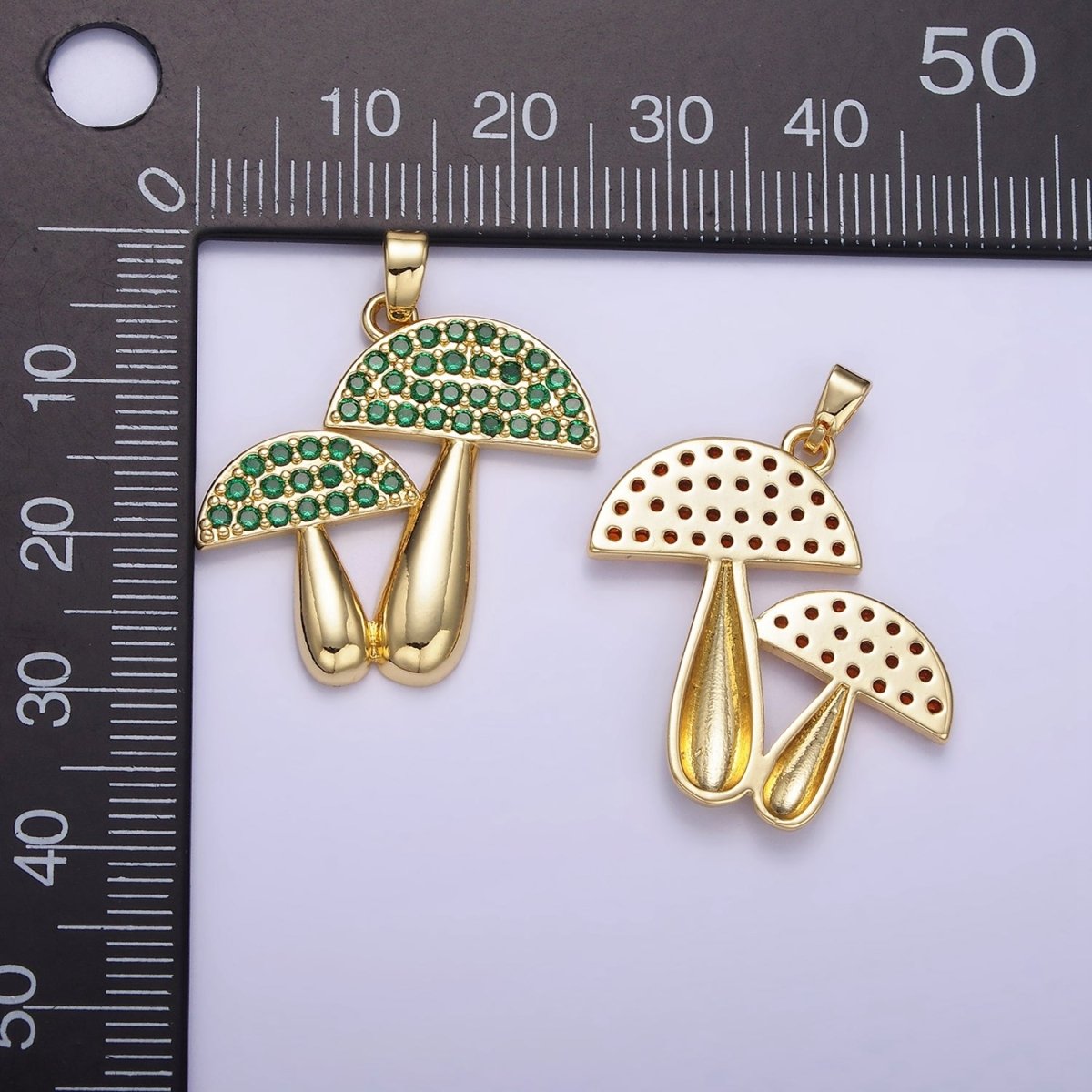 14K Gold plated Green, Orange Micro Paved CZ Mushroom Plant Nature Pendant | AH152