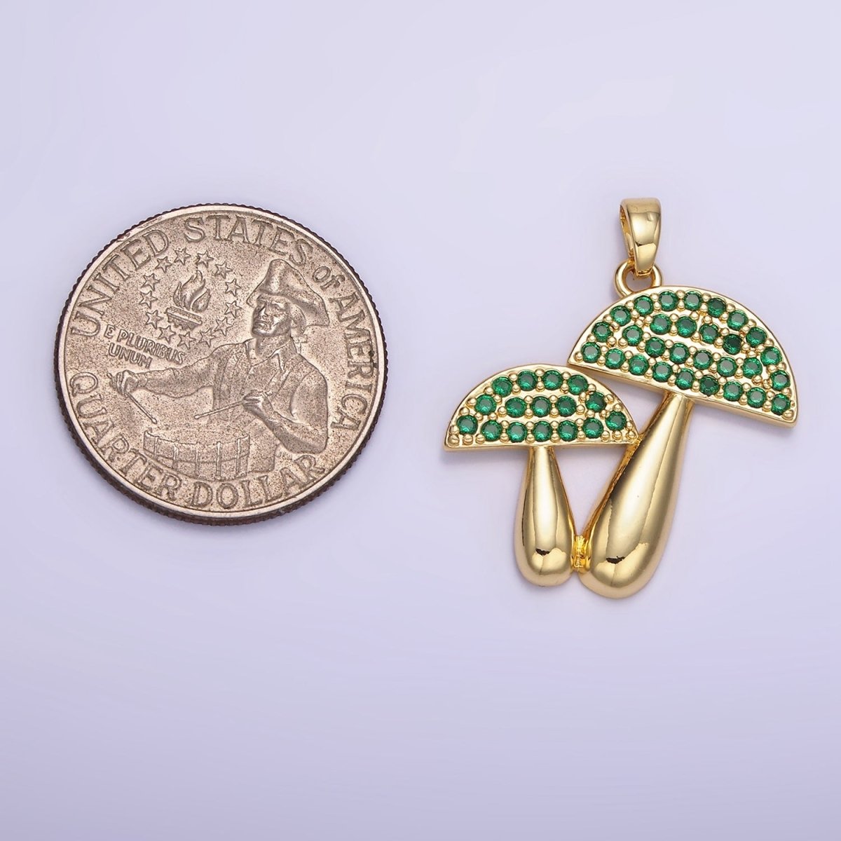 14K Gold plated Green, Orange Micro Paved CZ Mushroom Plant Nature Pendant | AH152