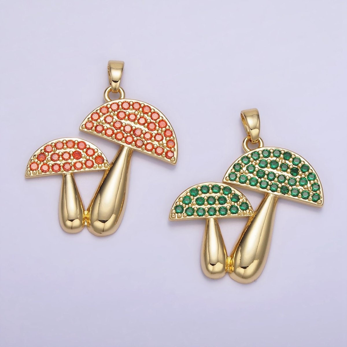 14K Gold plated Green, Orange Micro Paved CZ Mushroom Plant Nature Pendant | AH152