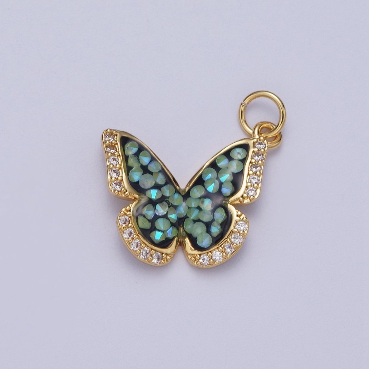 14K Gold plated Green, Pink, Purple, Blue AB Micro Paved CZ Monarch Butterfly Charm in Gold & Silver | W77 - W780 - DLUXCA