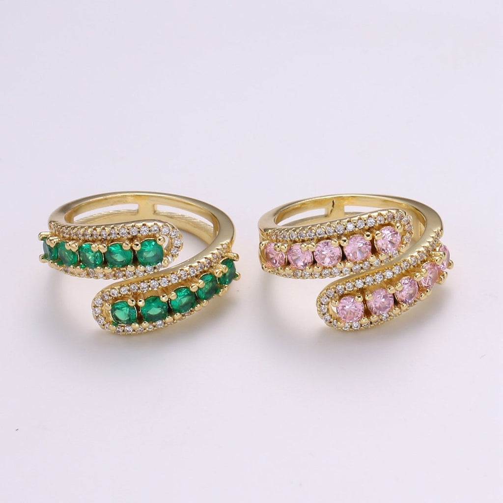 14K Gold plated Green, Pink Round CZ Lined Micro Paved Double Band Wrap Ring | R496 R497