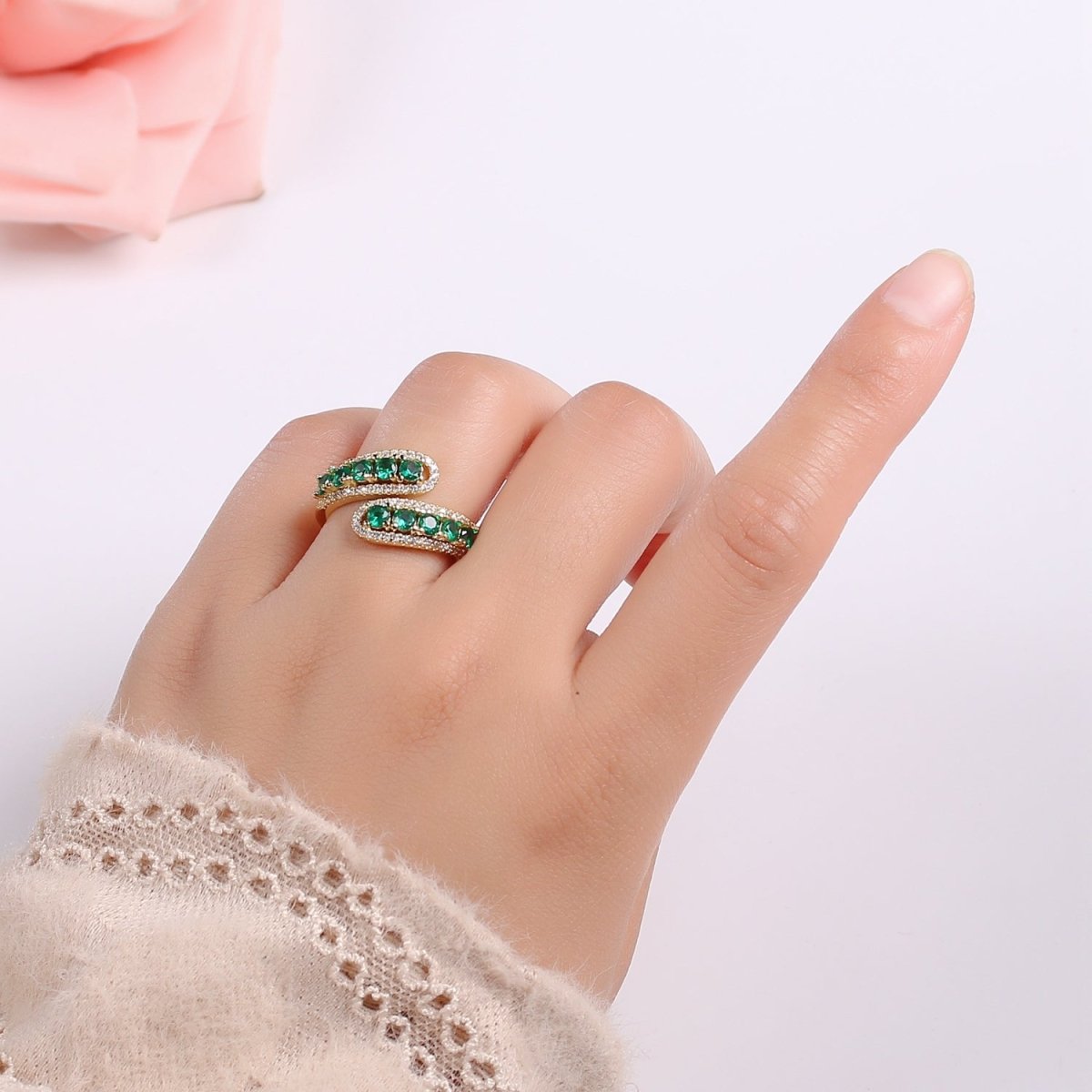 14K Gold plated Green, Pink Round CZ Lined Micro Paved Double Band Wrap Ring | R496 R497