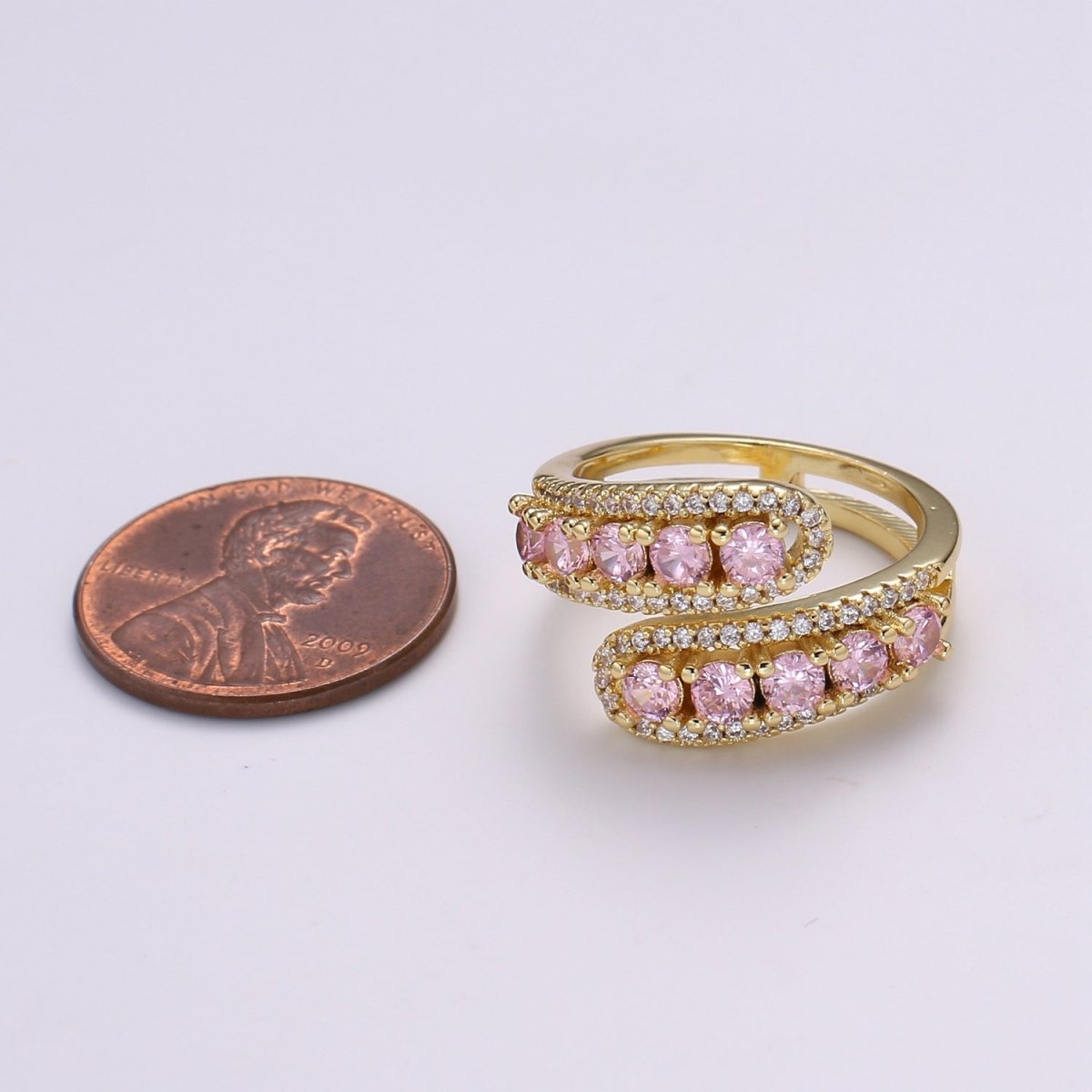 14K Gold plated Green, Pink Round CZ Lined Micro Paved Double Band Wrap Ring | R496 R497