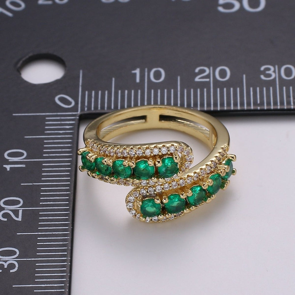 14K Gold plated Green, Pink Round CZ Lined Micro Paved Double Band Wrap Ring | R496 R497