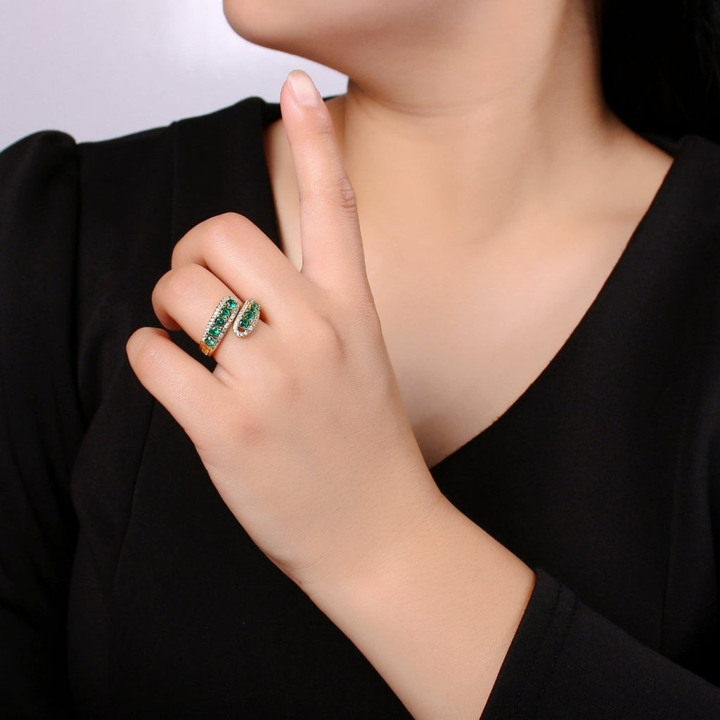 14K Gold plated Green, Pink Round CZ Lined Micro Paved Double Band Wrap Ring | R496 R497