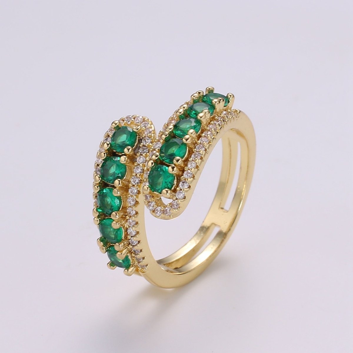 14K Gold plated Green, Pink Round CZ Lined Micro Paved Double Band Wrap Ring | R496 R497