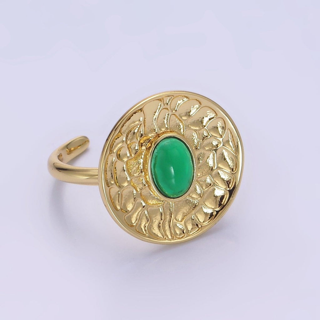 14K Gold plated Green Prehnite Oval Abstract Hammered Round Ring | O1345 - DLUXCA